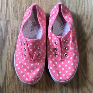 Pink polkadot slip on shoes